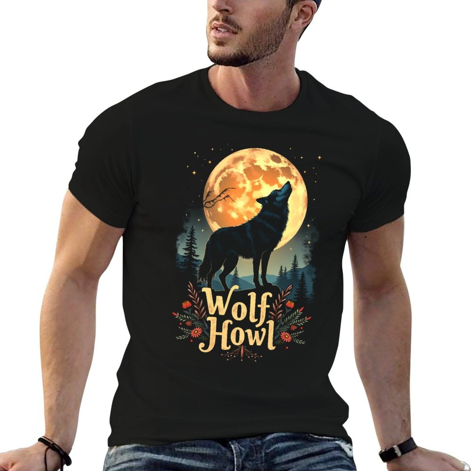 Wolf Howl Moon Graphic - Forest Animals Men’s Women’s  Ribbed Collar T-Shirt