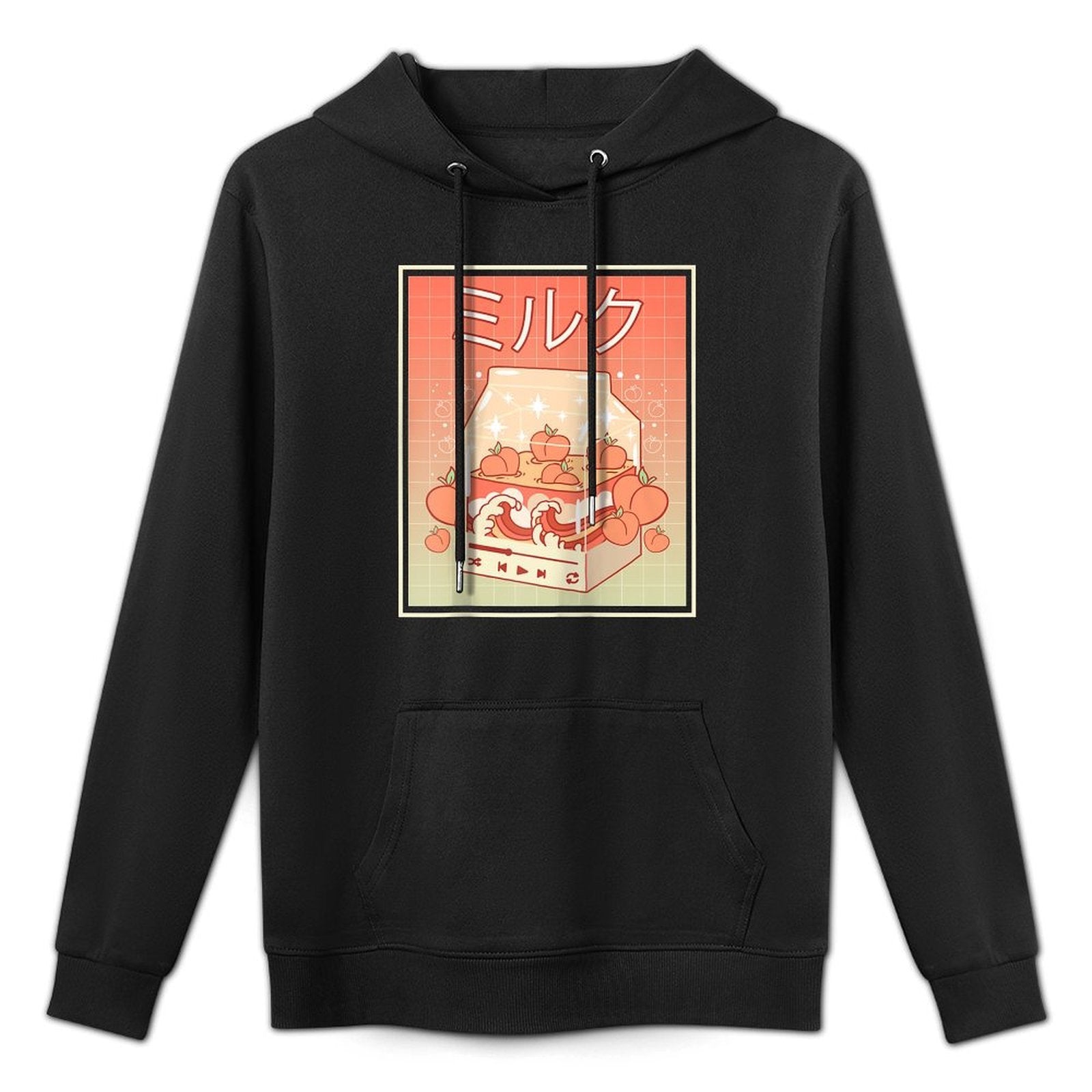Kawaii Peach Milk Carton Kanagawa Wave Lofi Aesthetic Raglan Baseball Cotton-Polyester Blend Hoodie