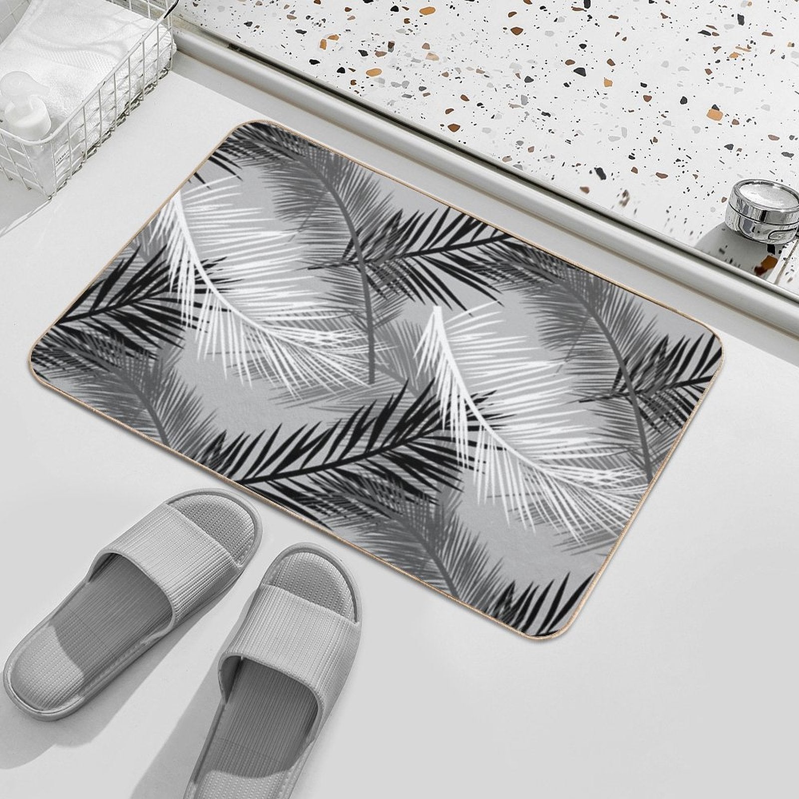 Palm Leaf Print, Gray, Black And White Durable Bath Mat