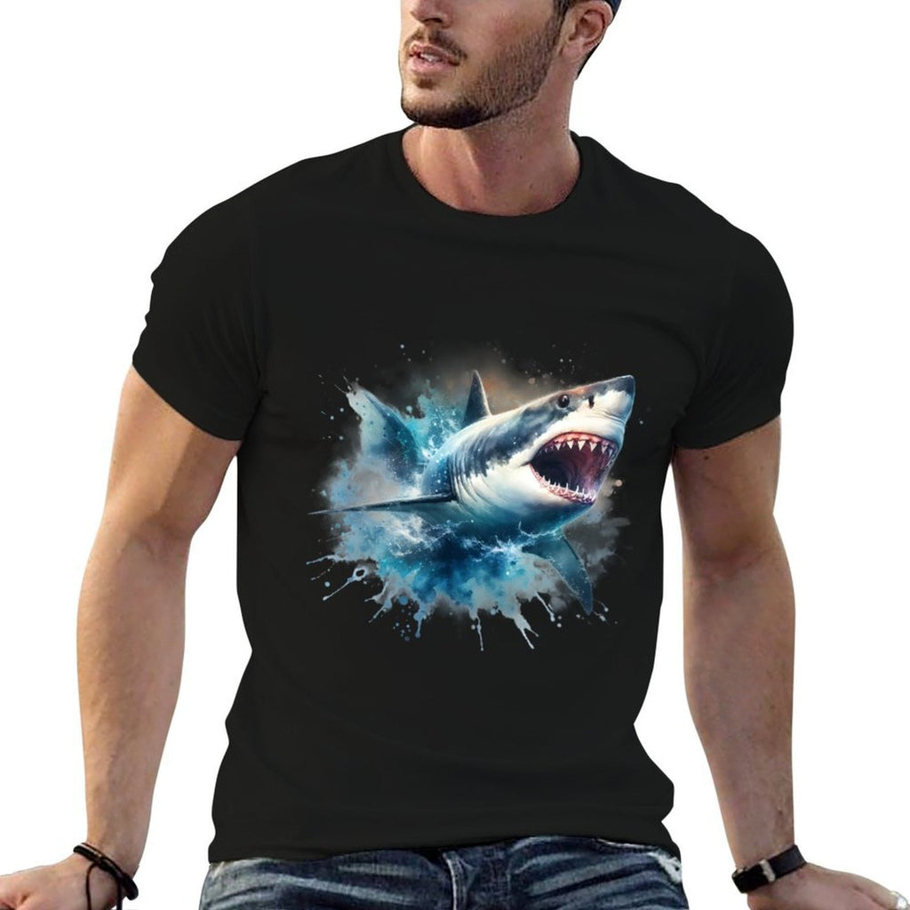 Cool Watercolor Great White Shark Open Jaw  High-quality Stitching T-Shirt