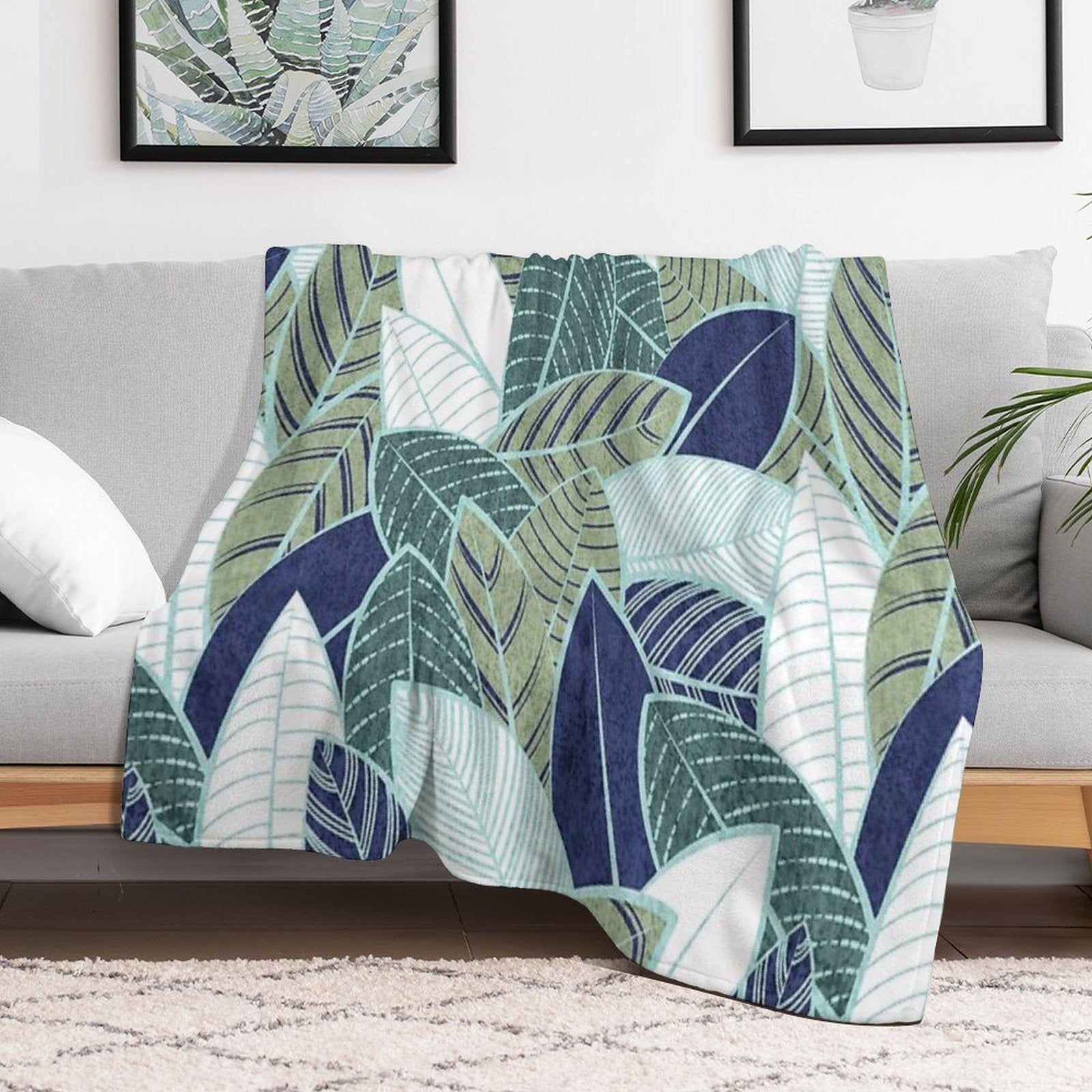 Leaf Wall  Navy Blue Pine And Sage Green Leaves Mint Lines Anti-pilling Throw Blanket
