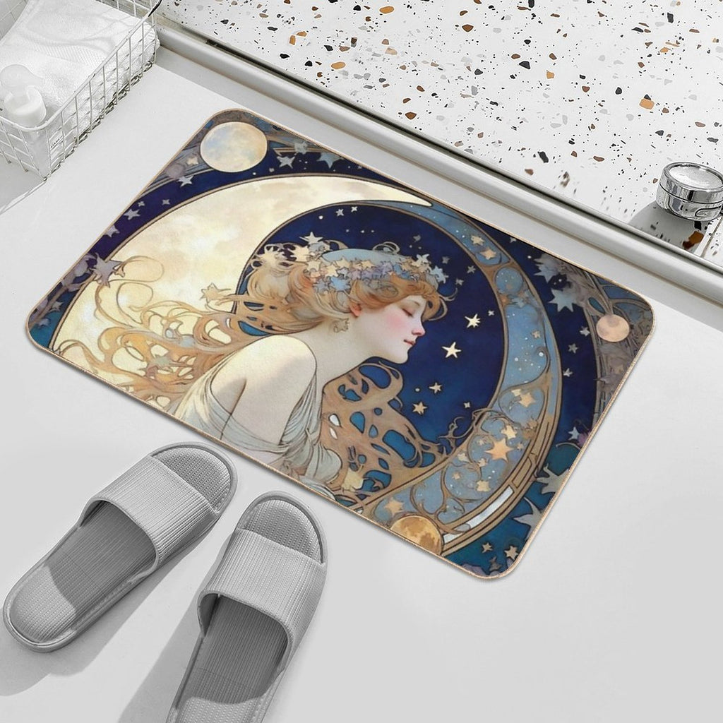 Celestial Dreams Alphonse Mucha Inspired Moon And Stars  Fade-Resistant Bath Mat