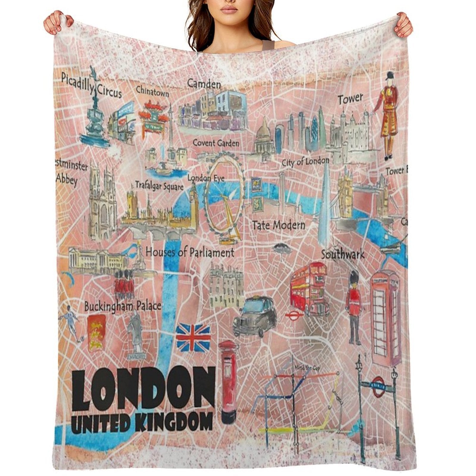 London UK Illustrated Map with Main Roads, Landmarks & Highlights Easy Care Throw Blanket