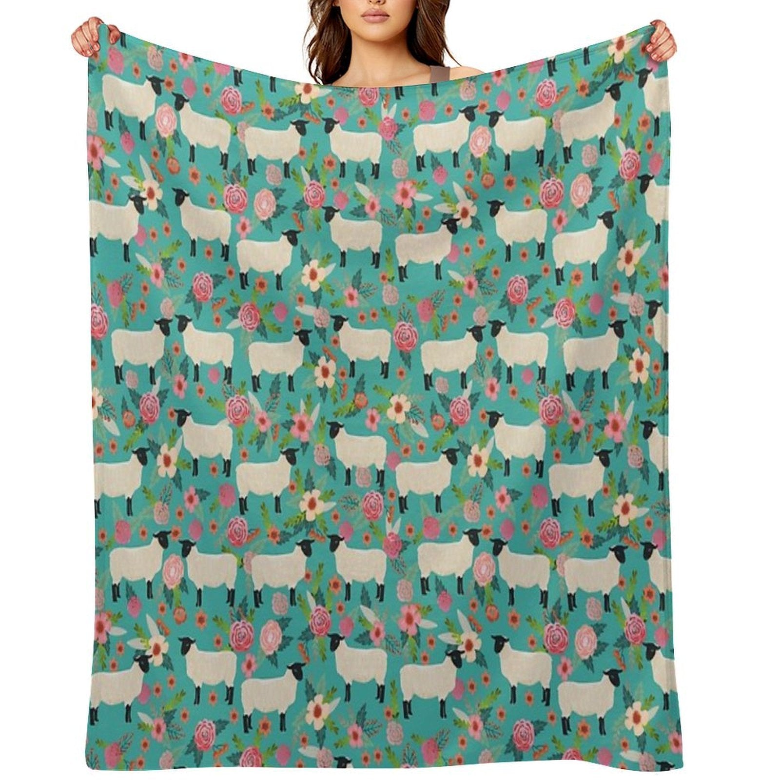 Sheep Farm Sanctuary Florals Pattern Cute Gifts for Animal Lovers Travel-friendly Throw Blanket