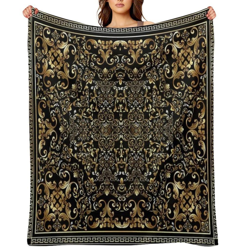 Ornate Baroque Black And Gold Greek Key Border Sustainable Throw Blanket