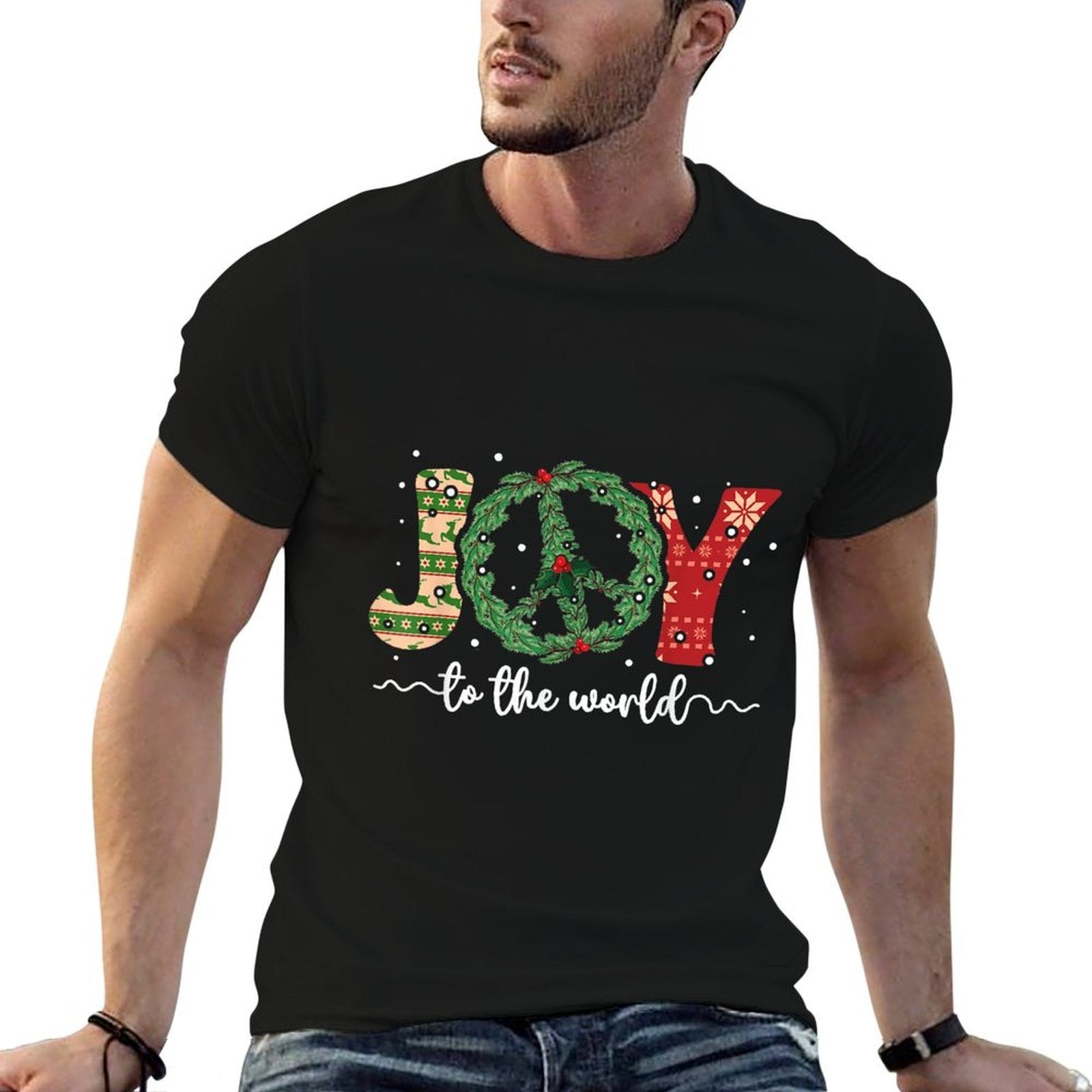 Joy to The World Peace Sign Christmas Retro 70s 80s Hippie  Cotton T-Shirt