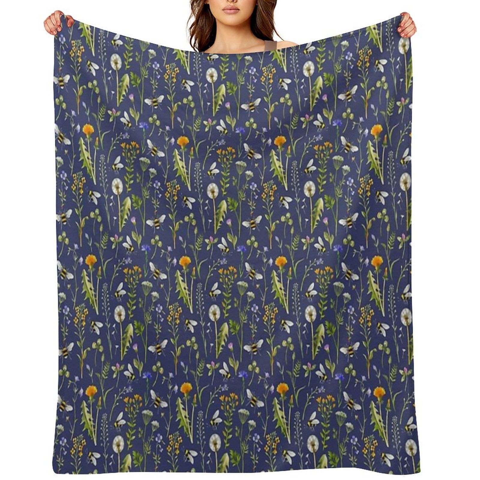 Bees And Wildflowers  Dark Blue Easy Care Throw Blanket