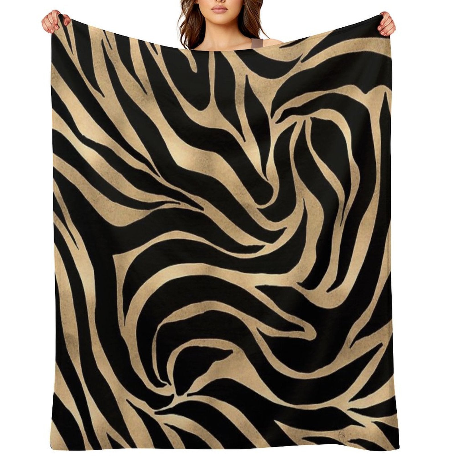 Elegant Metallic Gold Zebra Black Animal Print Lightweight Throw Blanket