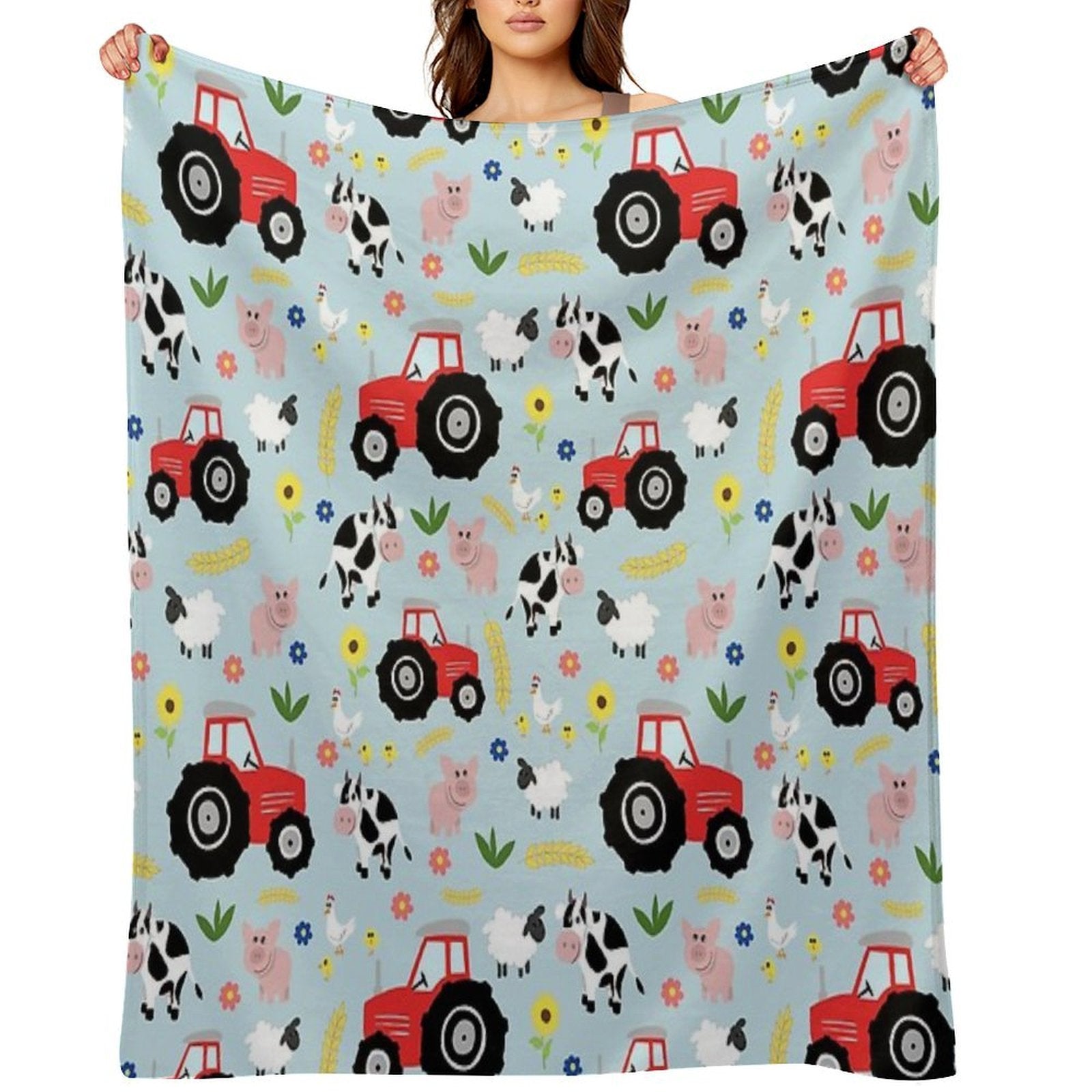Cute Kids Red Tractor Farm Animal Pattern Cartoon Gift-ready Throw Blanket