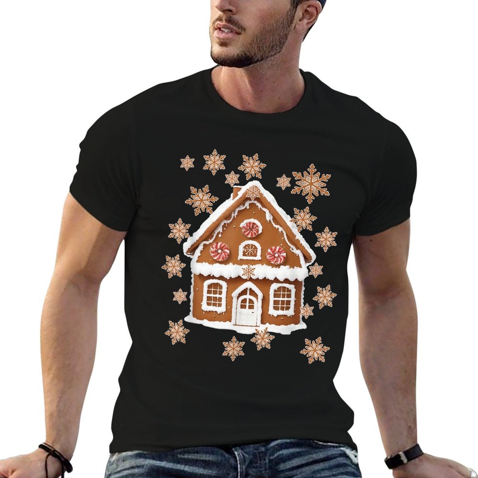 Gingerbread Houses And Snowflakes Sweet Christmas  Tagless Design T-Shirt