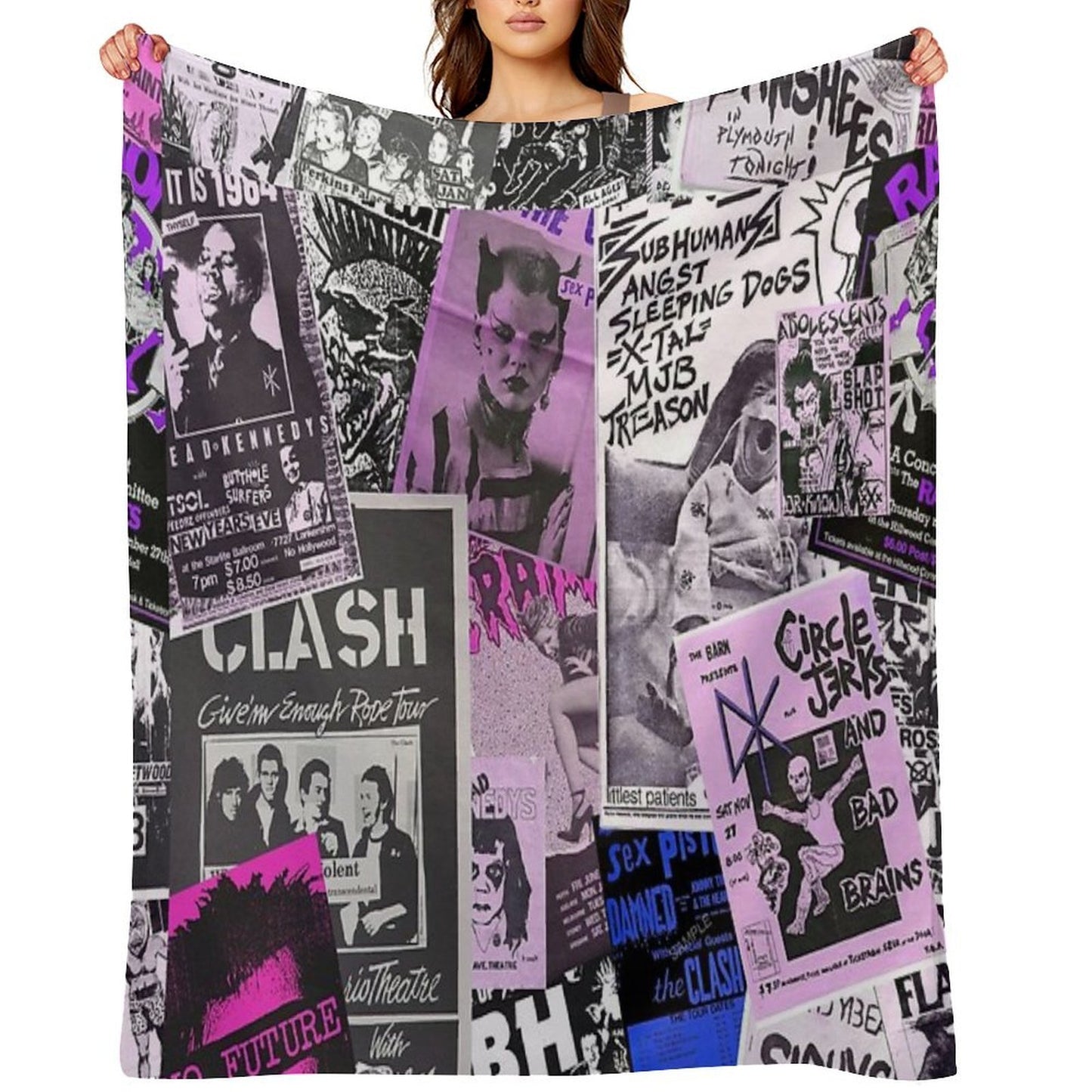 Punk Rock Bands Flyers Collage Aesthetic Punk Colors Eco-conscious Throw Blanket