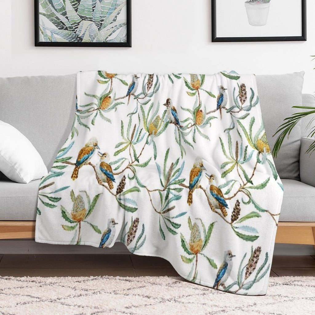 Australian Kookaburras, Waratah Flowers,  Leaves Pattern Plush Throw Blanket