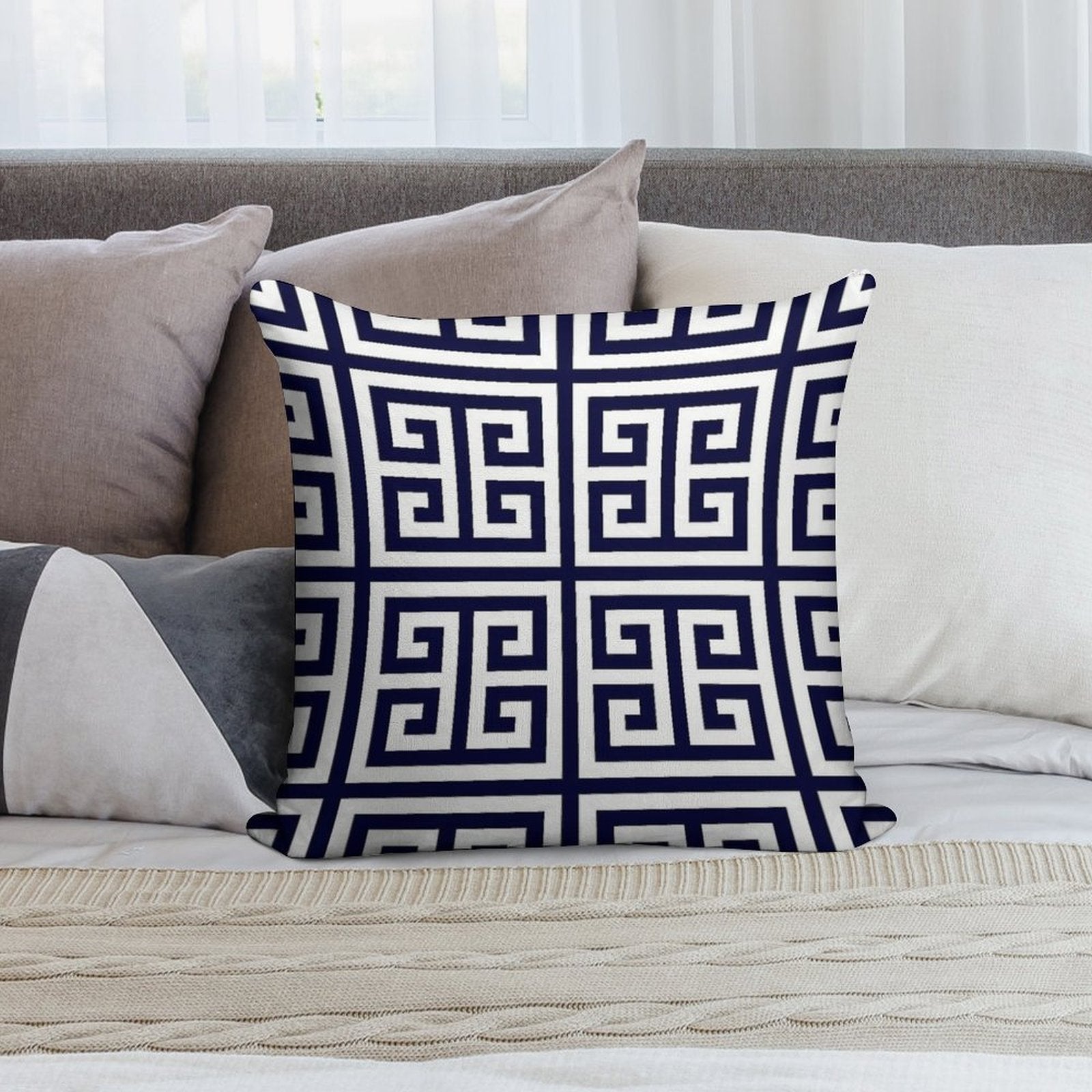 Greek Key Navy Blue And White Pattern Soft Multiple Sizes Throw Pillow