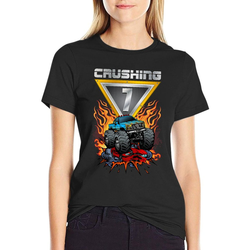 Kids Monster Trucks Crushing 7 Boys 7th Birthday Seventh Year Old  Tagless Design T-Shirt