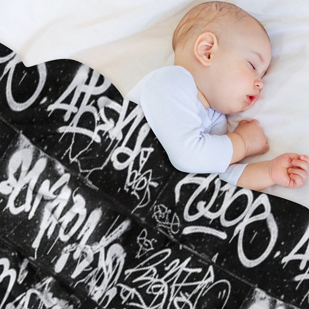 White Graffiti Tags on Black Wall Mural Durable Throw Blanket