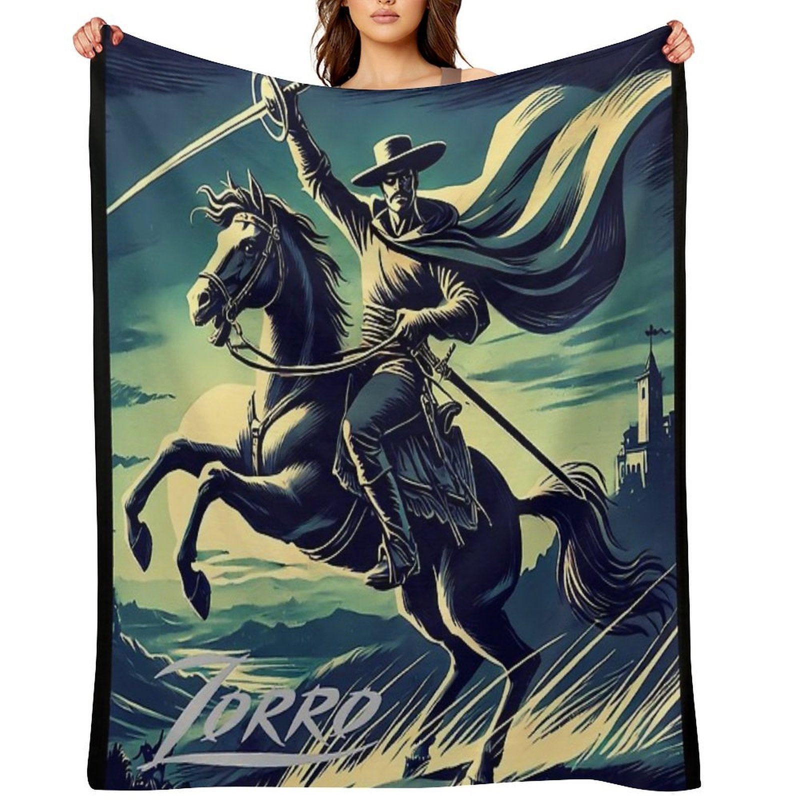 Vintage Zorro on Horseback with His Sword Sustainable Throw Blanket