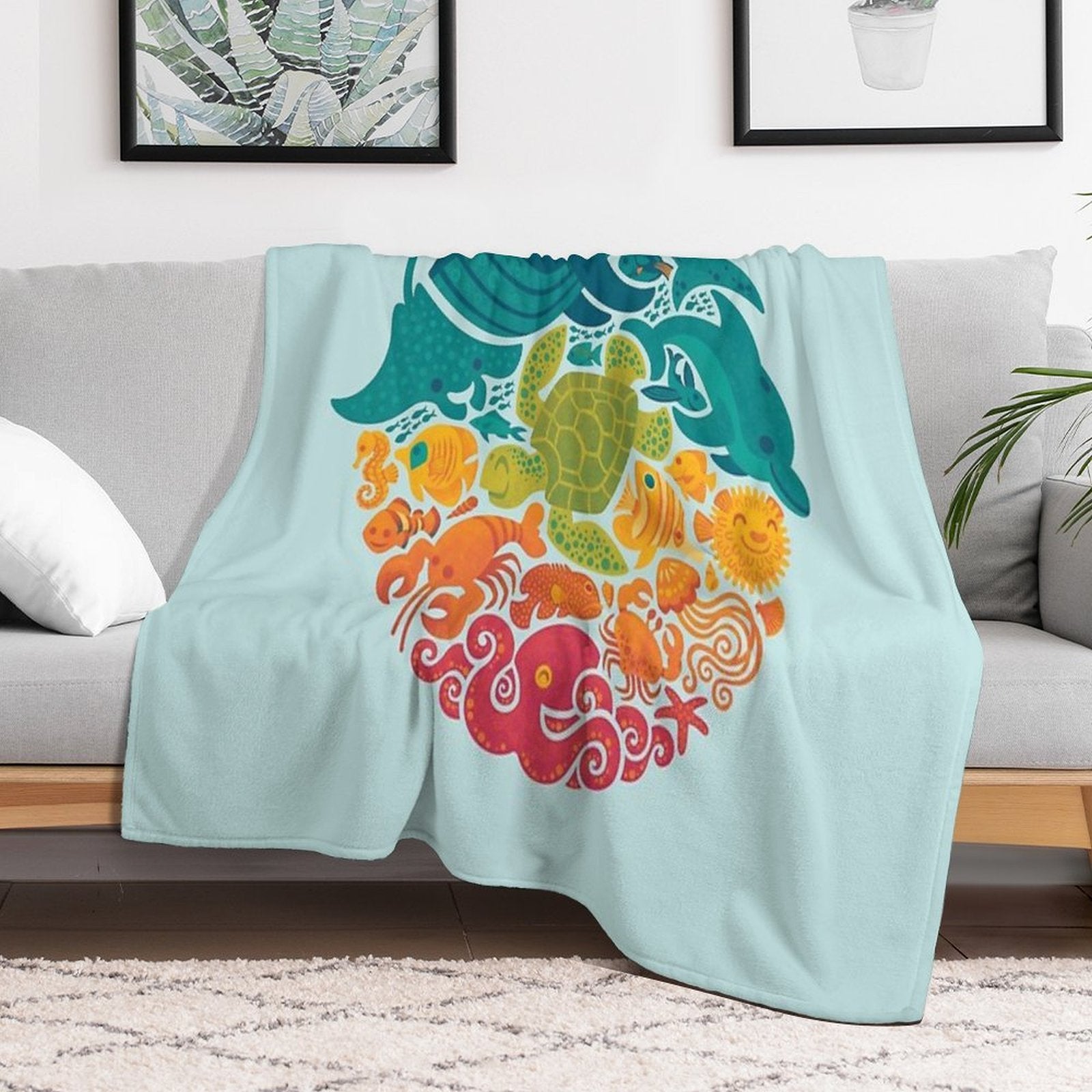 Aquatic Rainbow (light Blue) Easy Care Throw Blanket