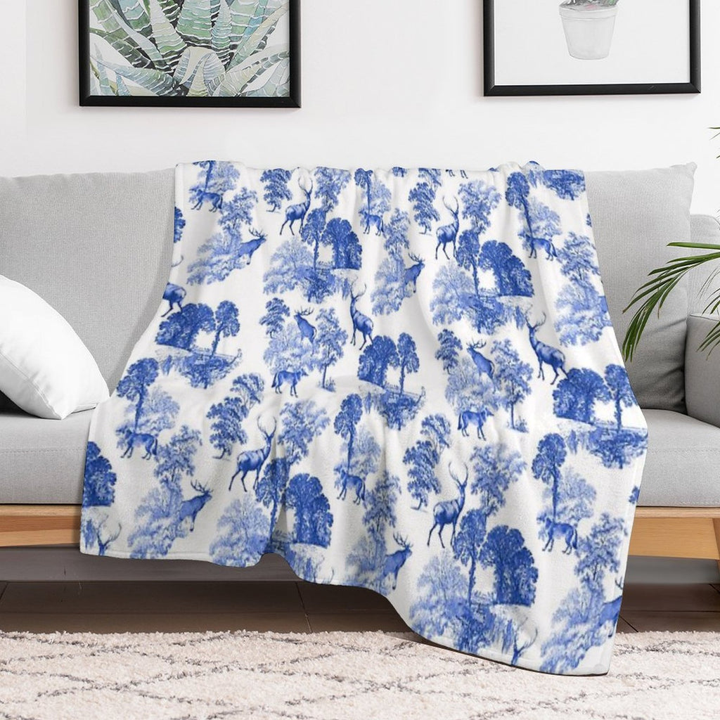 Elegant Vintage Blue Toile Deer in Woodland Quick-dry Throw Blanket