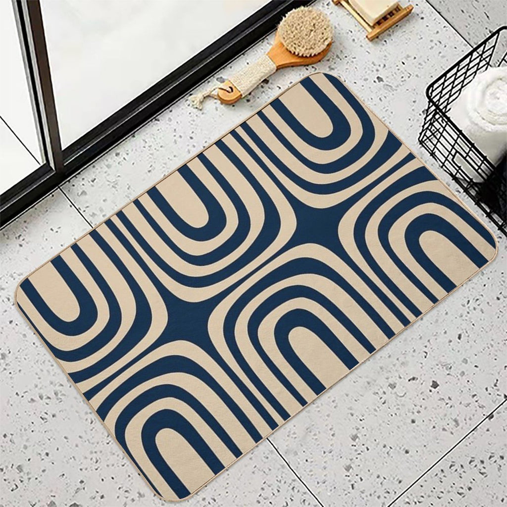 Midcentury Modern Confaab Abstract Pattern in Mid Mod Navy Blue And Beige  Easy Maintenance Bath Mat