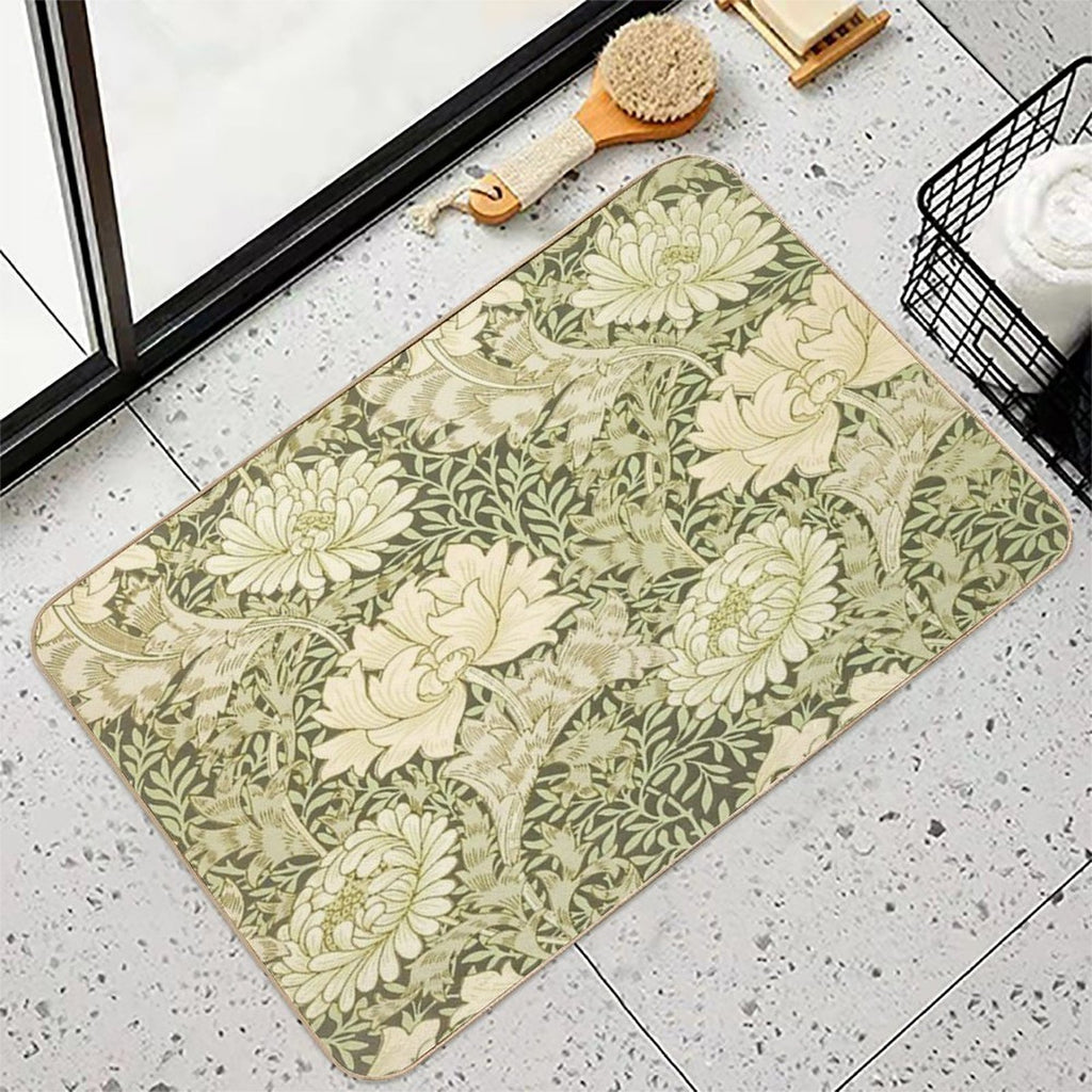 William Morris Vintage Green And White Chrysanthemum Floral Pattern  Non-Slip Bath Mat