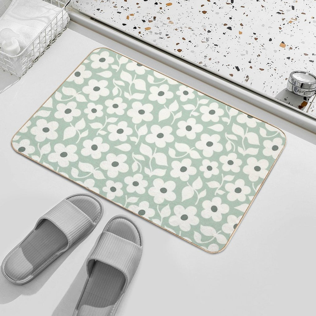 Bold Retro Daisy Flowers – Sage Green – Playful Floral Design  Absorbent Bath Mat