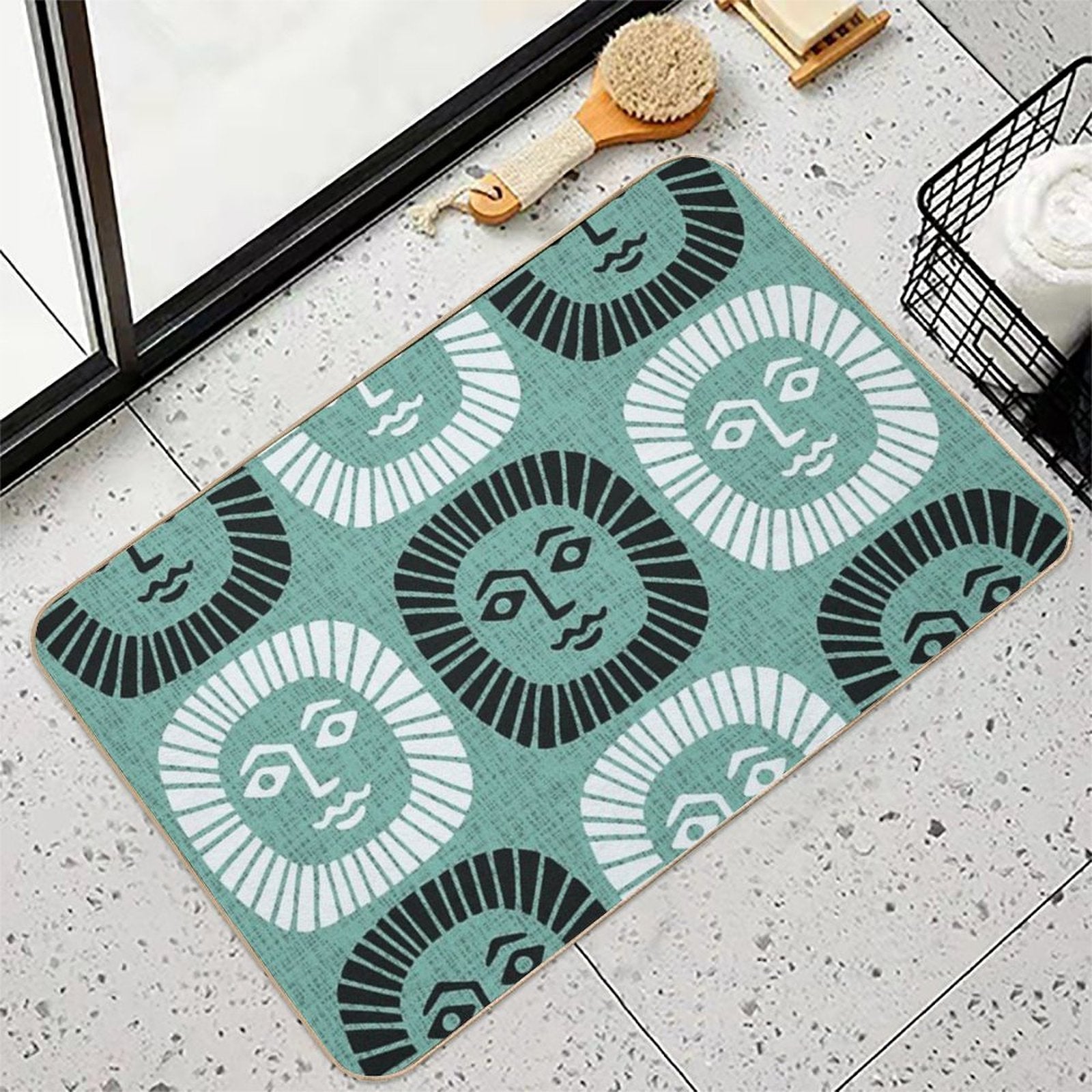Mid Century Modern Atomic Sunburst 335 Mint Green And Black  Easy To Clean Bath Mat