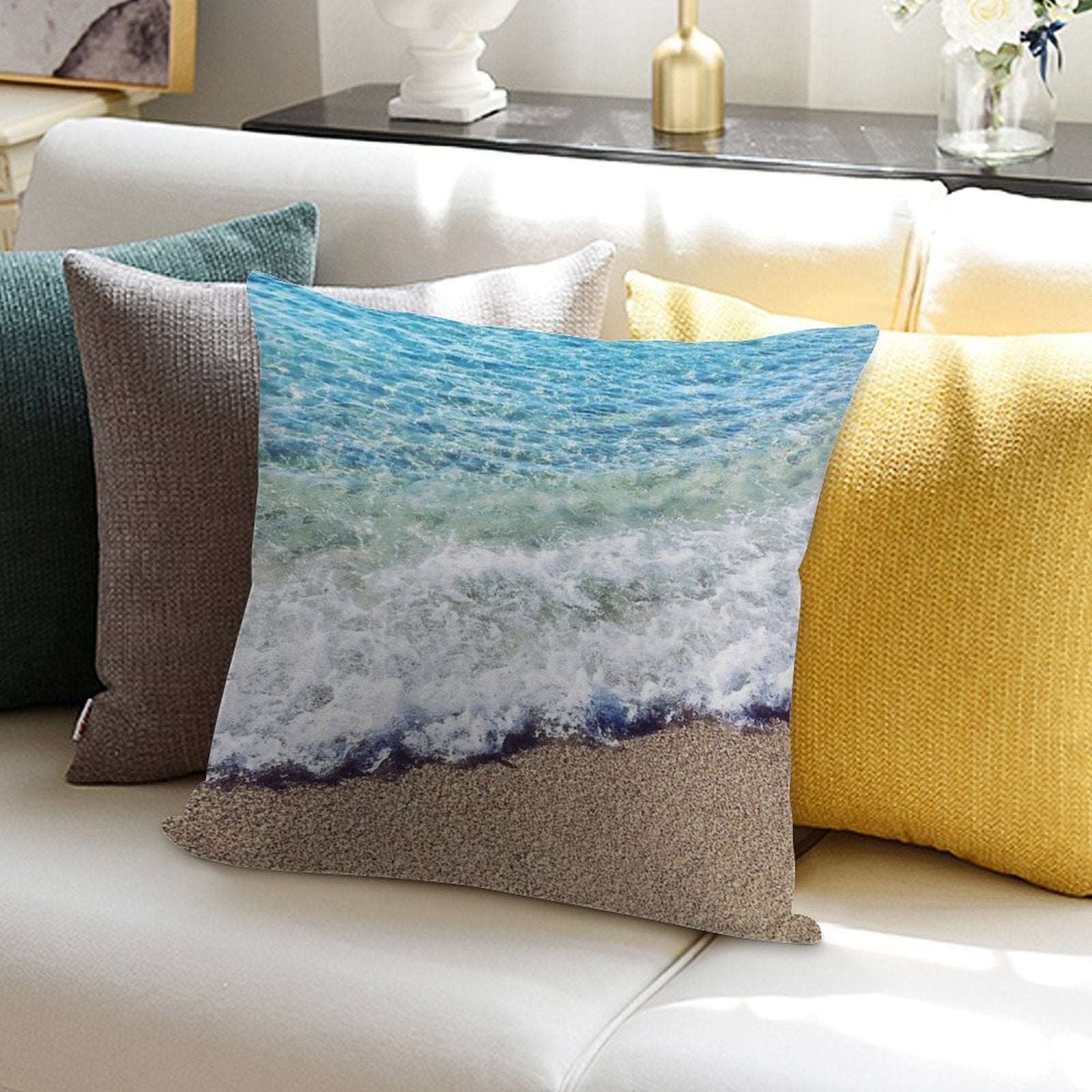 Ocean Blue Shore Waves Soft Reinforced Edging Throw Pillow