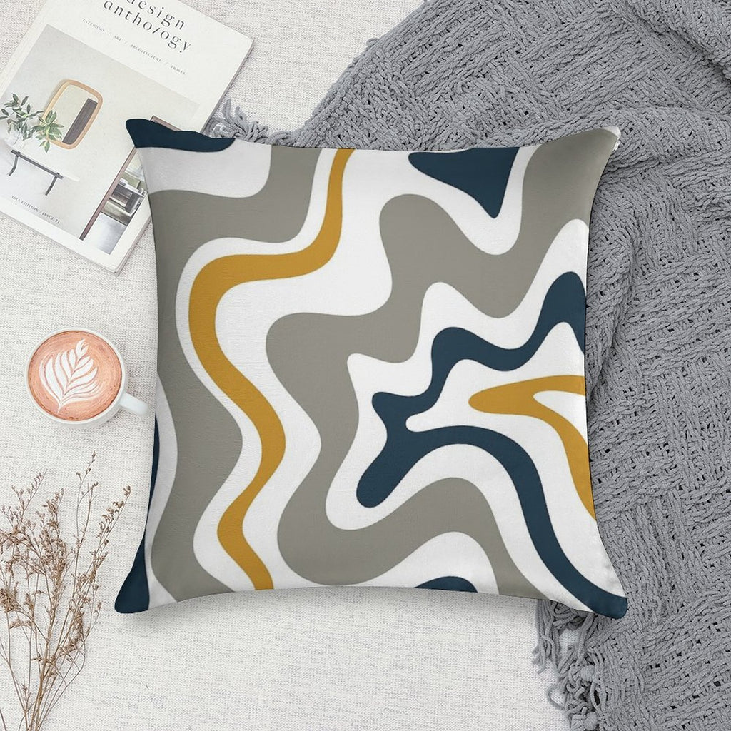 Liquid Swirl Contemporary Abstract in Mustard Yellow, Navy Blue, Grey, And White Soft Reinforced Edging Throw Pillow