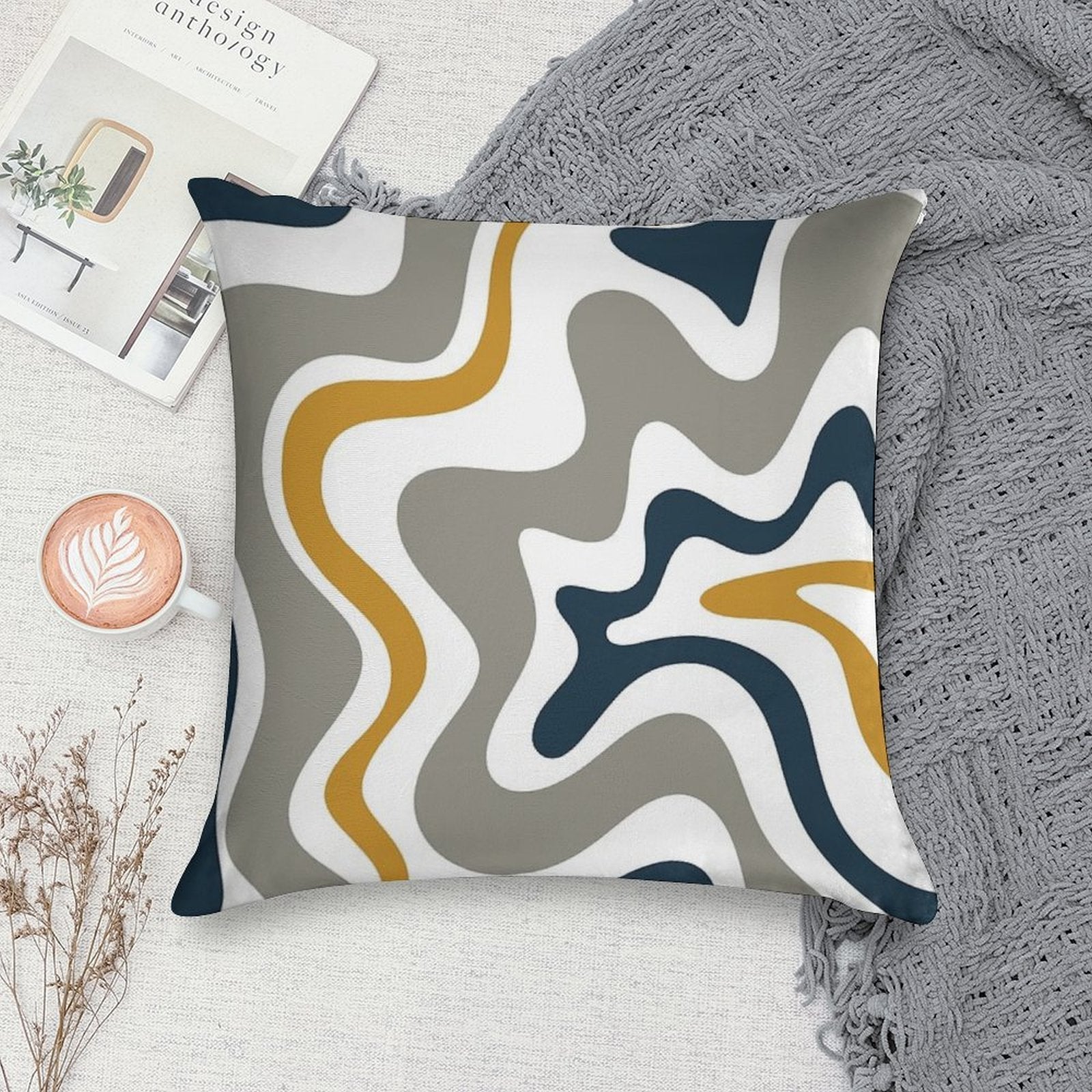Liquid Swirl Contemporary Abstract in Mustard Yellow, Navy Blue, Grey, And White Soft Reinforced Edging Throw Pillow