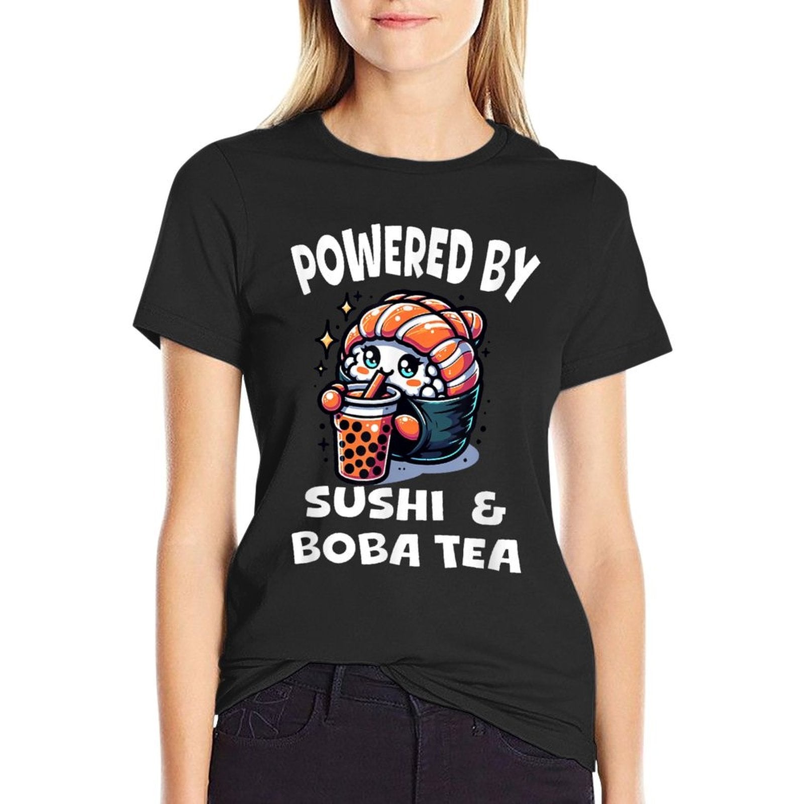 Powered By Sushi And Boba Tea Kawaii Japanese Food Anime  Wrinkle-resistant T-Shirt