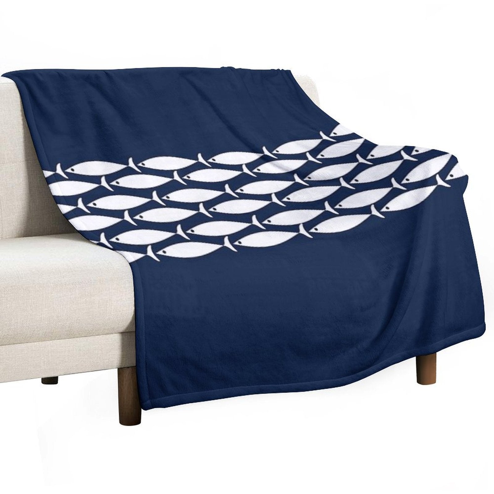 Fish Stripe 6 - Minimalist Midcentury Modern Fish in White And Nautical Navy Blue Eco-conscious Throw Blanket