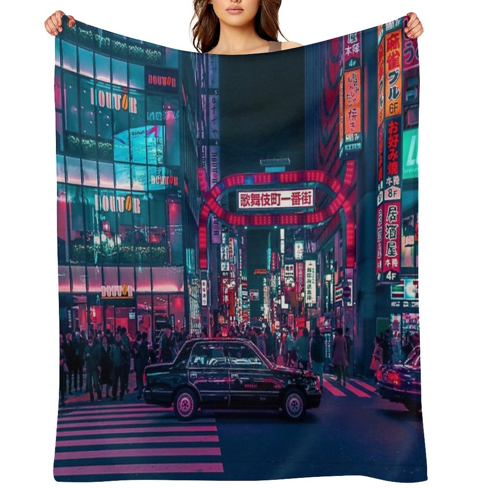 Cyberpunk Tokyo Street Travel-friendly Throw Blanket