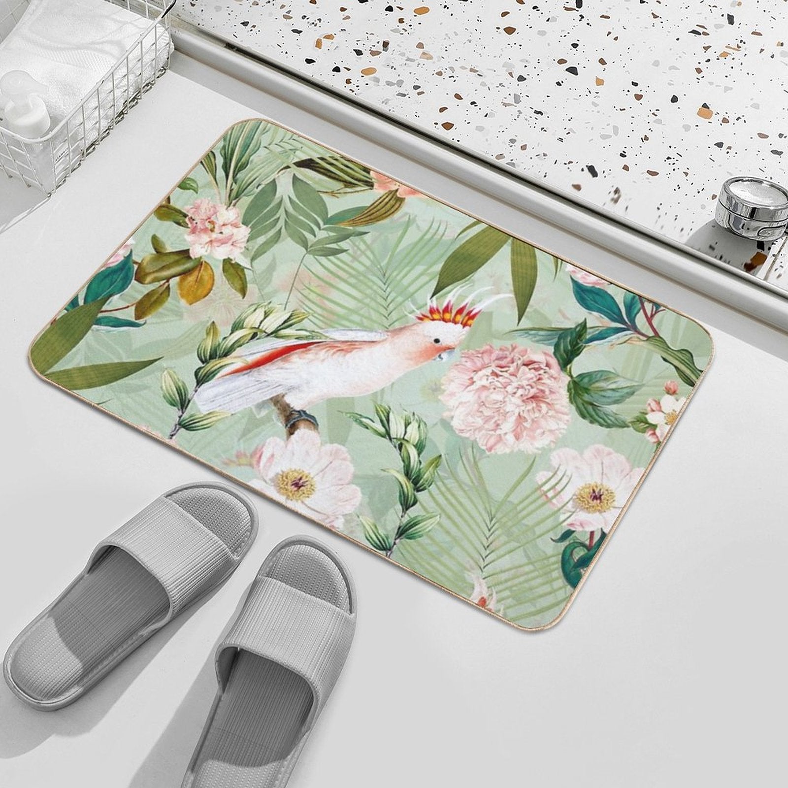 Tropical Cockatoo And Jungle Botanical Garden Pattern - Mint  Fade-Resistant Bath Mat