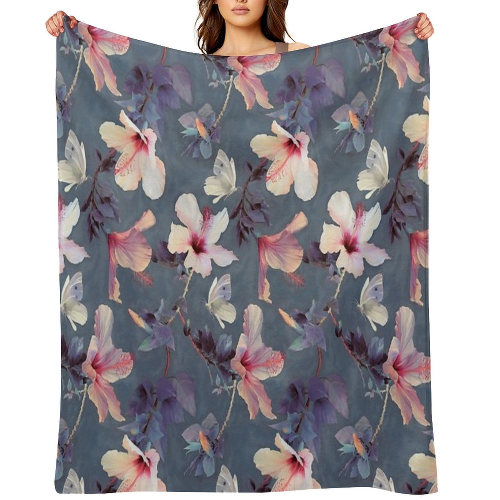 Butterflies And Hibiscus Flowers - A Painted Pattern Plush Throw Blanket