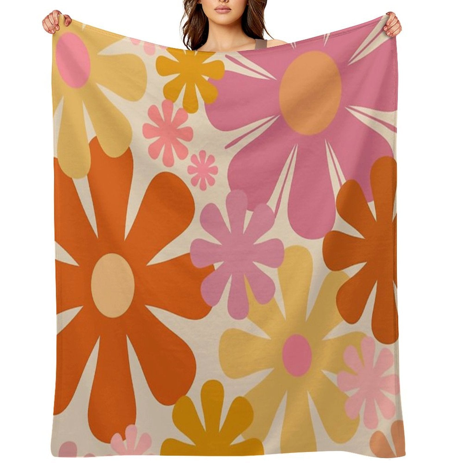 Retro 60s 70s Flowers - Vintage Style Floral Pattern in Thulian Pink, Orange, Mustard, And Cream Gift-ready Throw Blanket
