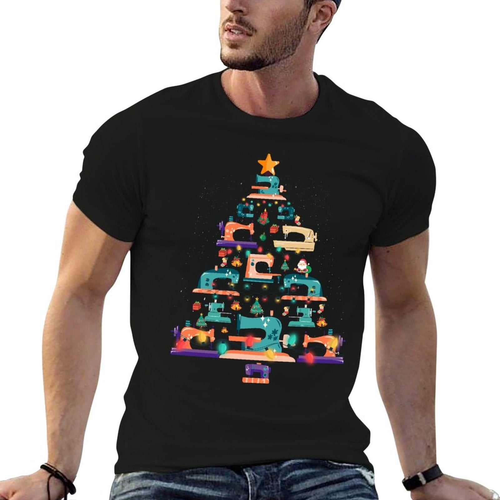 Sewing Machine Xmas Tree Gift Quilter Christmas Sewing Lover  Cotton T-Shirt