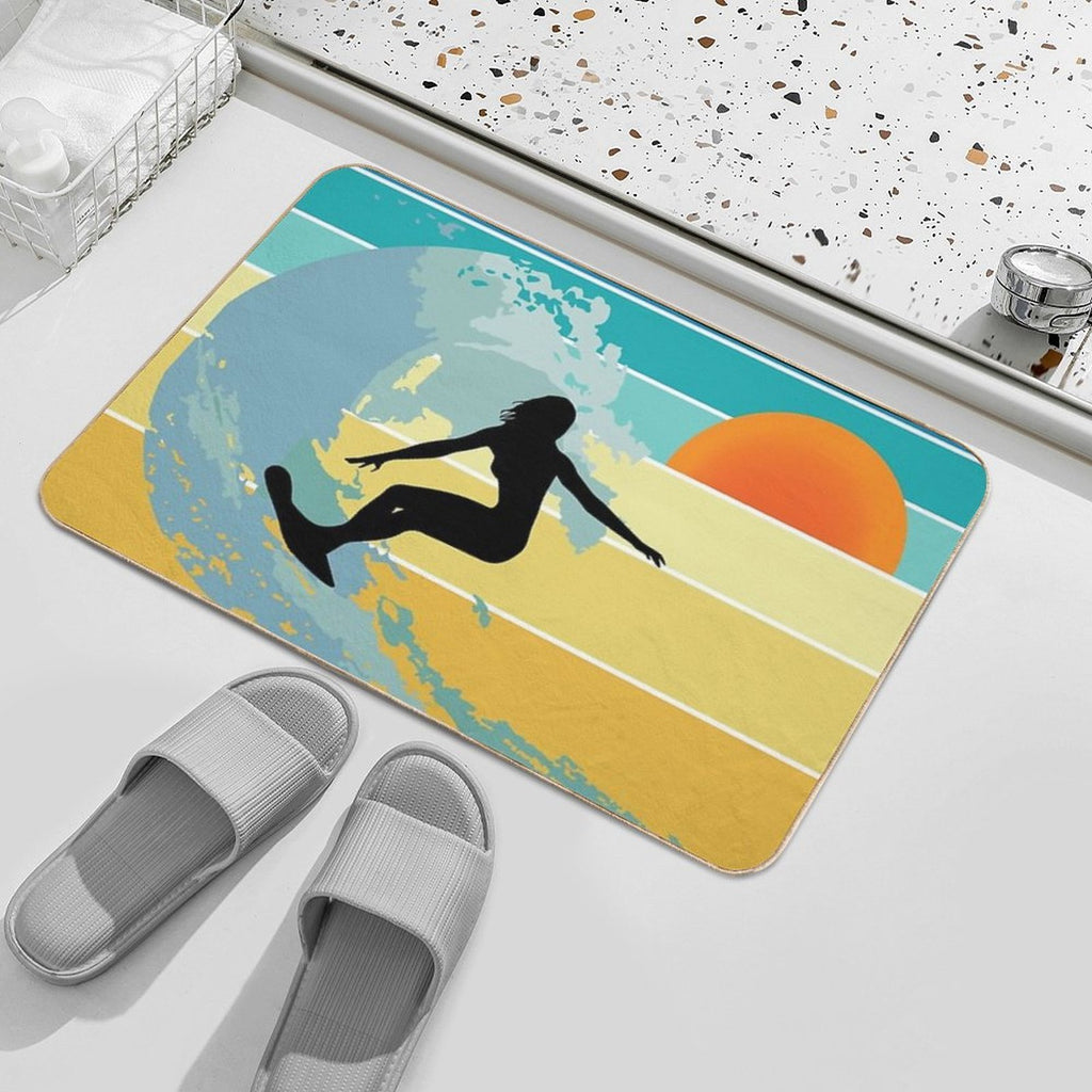 Sorry, I Can't, I Have A Board Meeting, Surfer Girl Silhouette at Sunset  Easy Maintenance Bath Mat