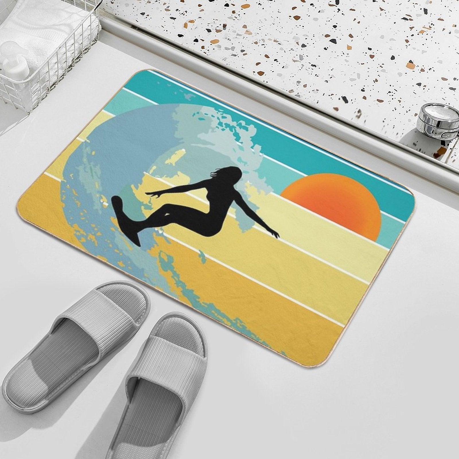 Sorry, I Can't, I Have A Board Meeting, Surfer Girl Silhouette at Sunset  Easy Maintenance Bath Mat