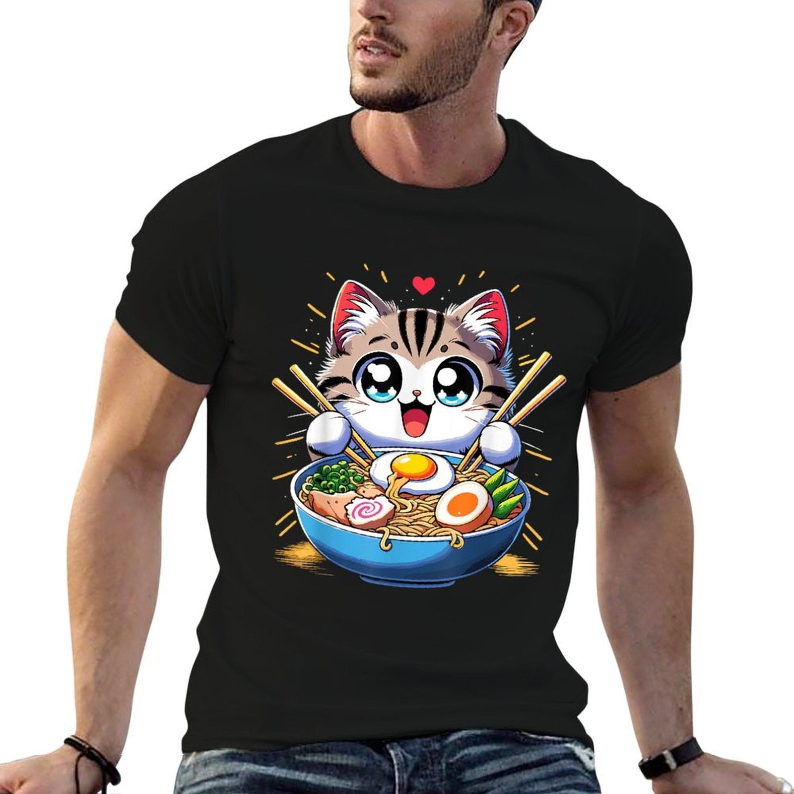 Kawaii Cat Japanese Anime Manga Cat Ramen  High-quality Stitching T-Shirt