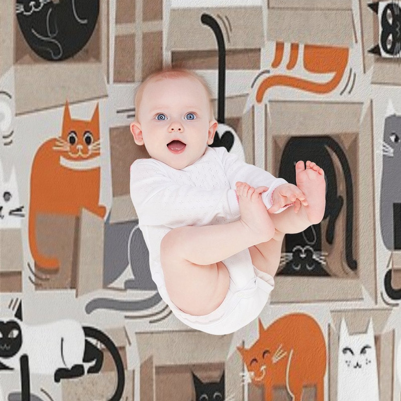 Purfect Feline Architecture  Beige Background Cute Cats in Cardboard Boxes Sustainable Throw Blanket