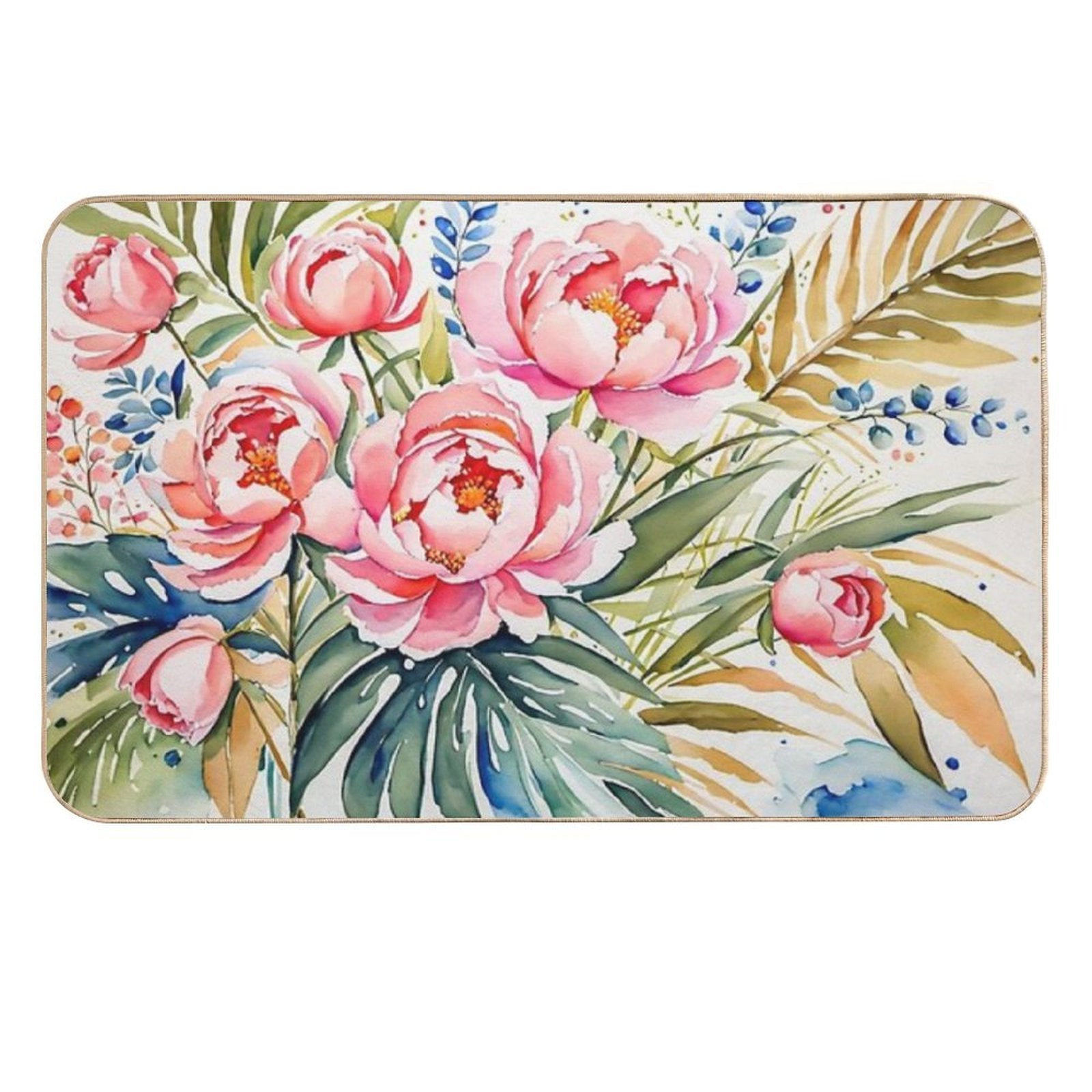 Beautiful Flower And Plant in Loose Watercolor Painting - Monstera Leaves- Blue Purple Peach Hydrangea, Hortensia, Peony And Ros  Non-Slip Bath Mat