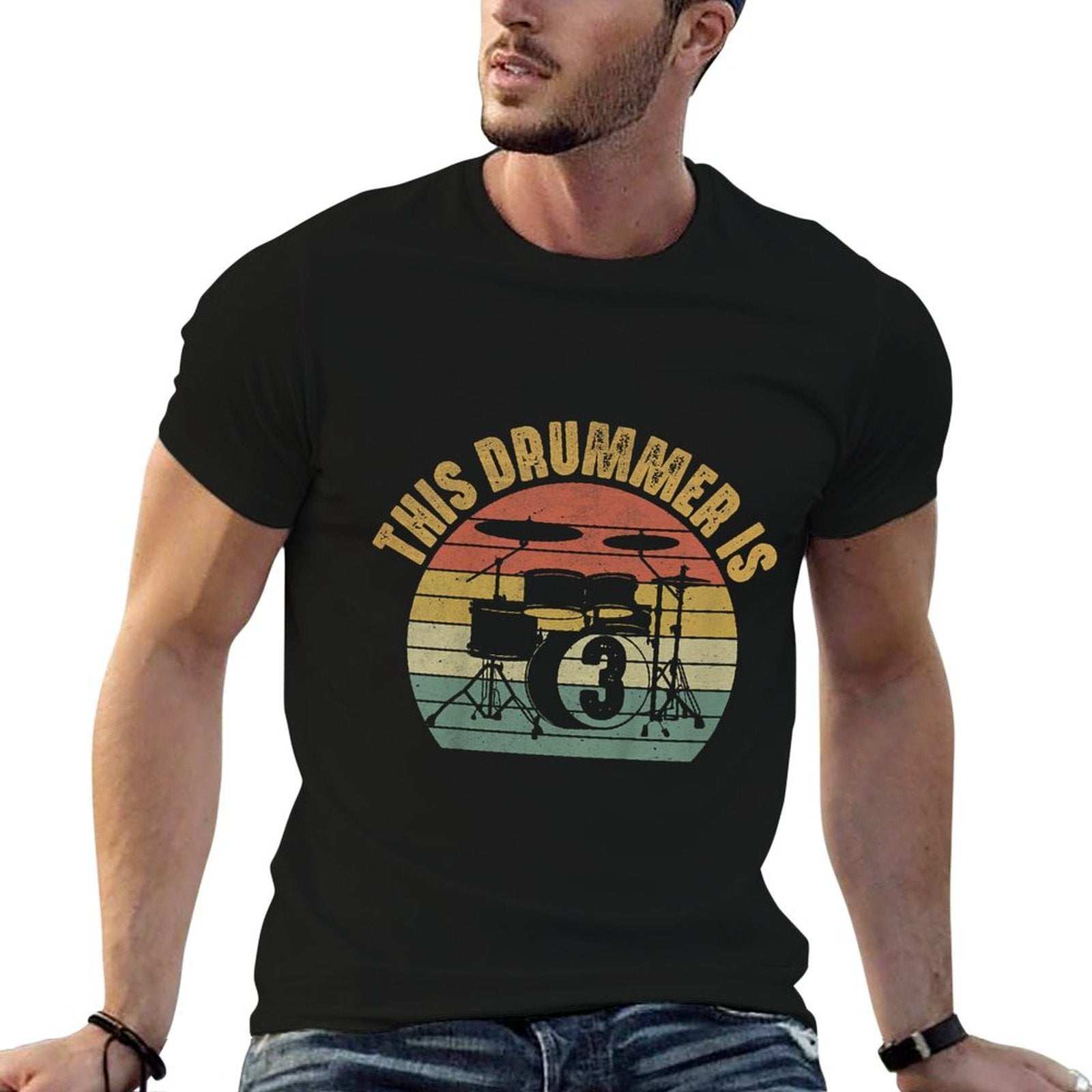 Kids Toddler 3 Year Old Drummer 3rd Birthday Drum Set Drumming  Ribbed Collar T-Shirt