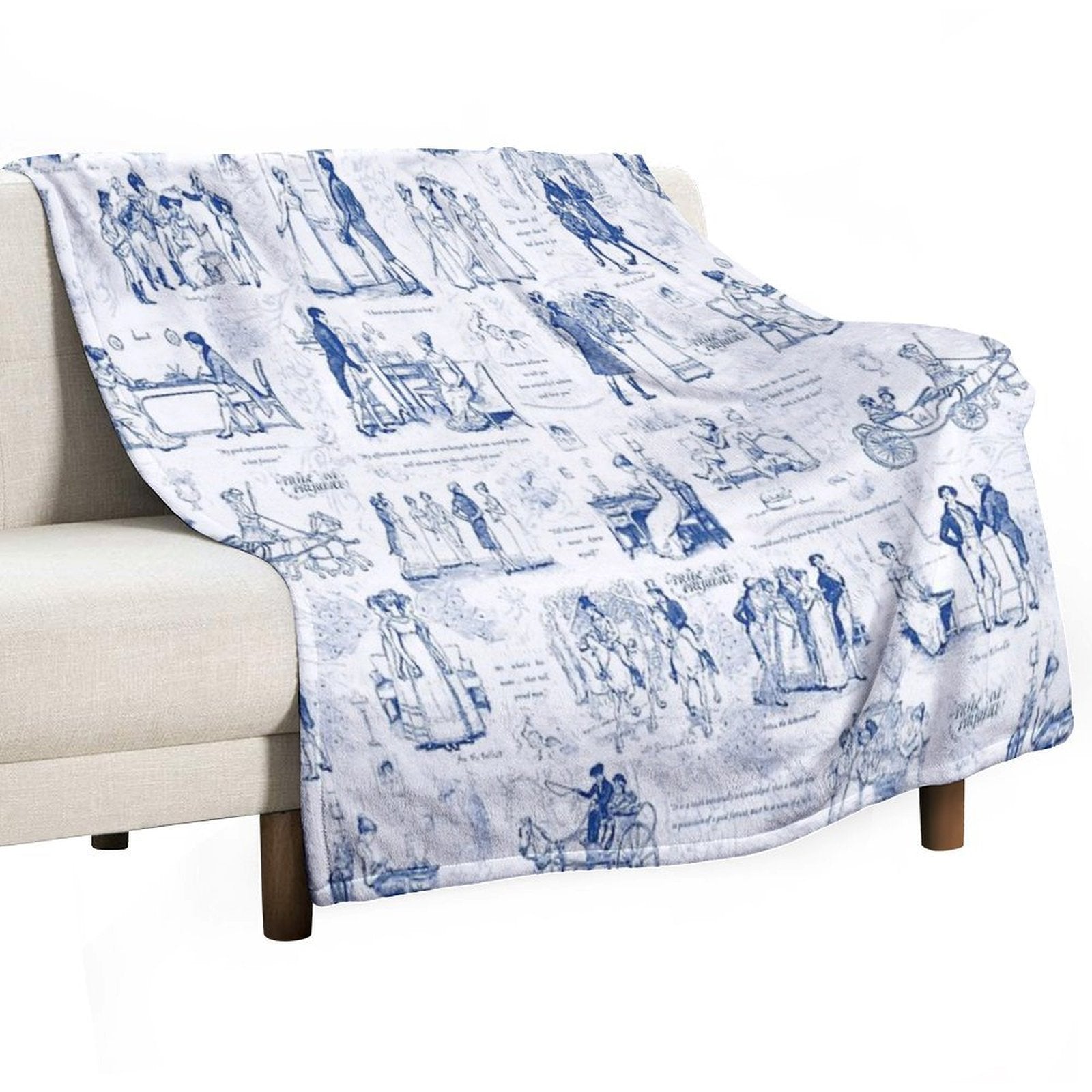 Pride And Prejudice Blue Toile Illustrations Quotes Pattern Machine-washable Throw Blanket