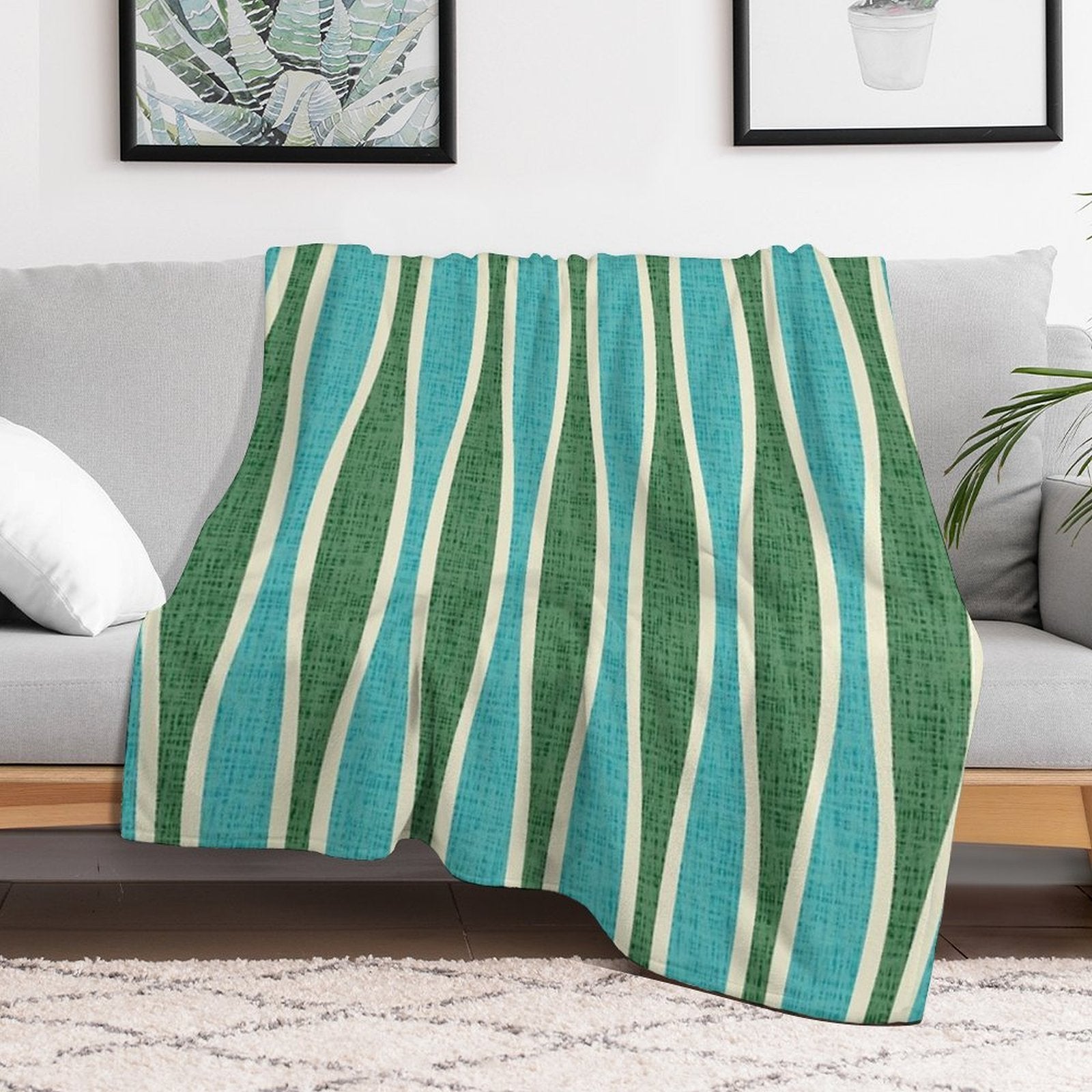 Retro Tiki Pin Stripes 343 Green And Turquoise Sustainable Throw Blanket
