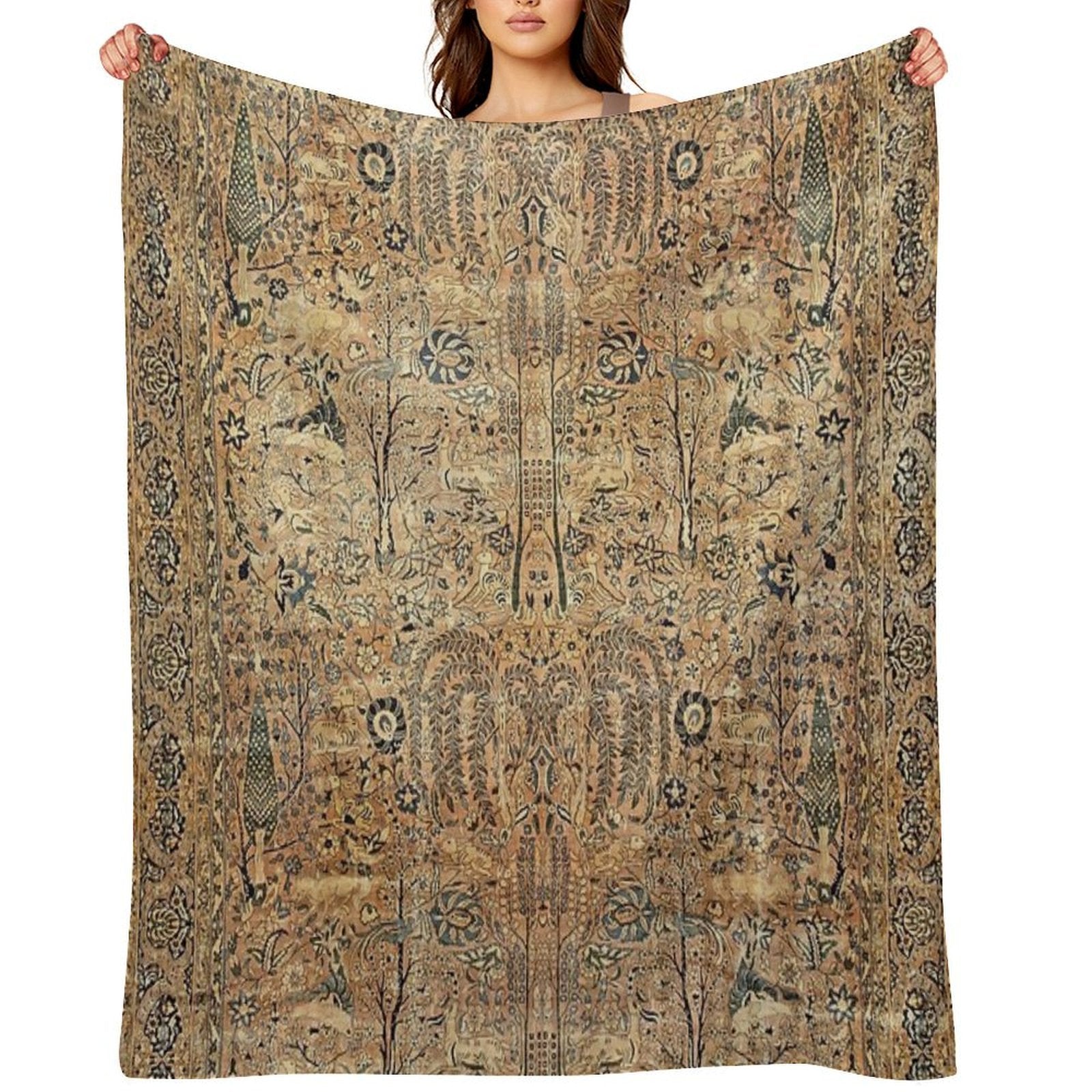 Antique Persian Kirman Garden Rug with Animals Print Durable Throw Blanket