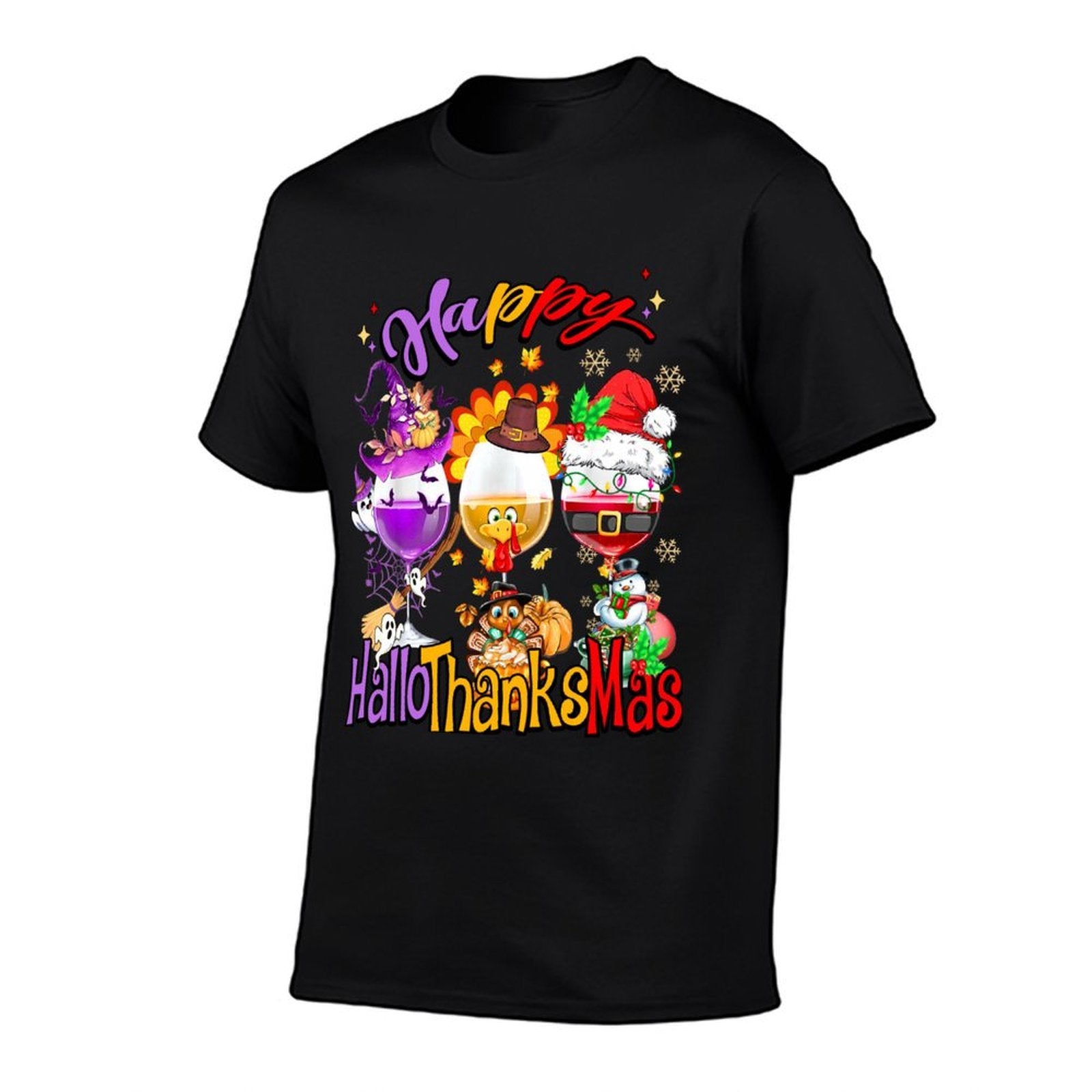 Happy Hallothanksmas Wine Glass Ghosts Turkey Santa Drinking  Wrinkle-resistant T-Shirt
