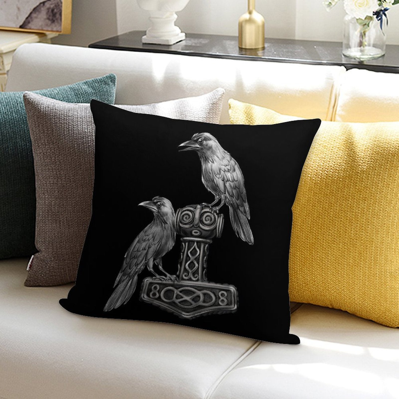 Thor Hammer Mjölnir with Odin Ravens Hugin And Munin Soft Easy Maintenance Throw Pillow