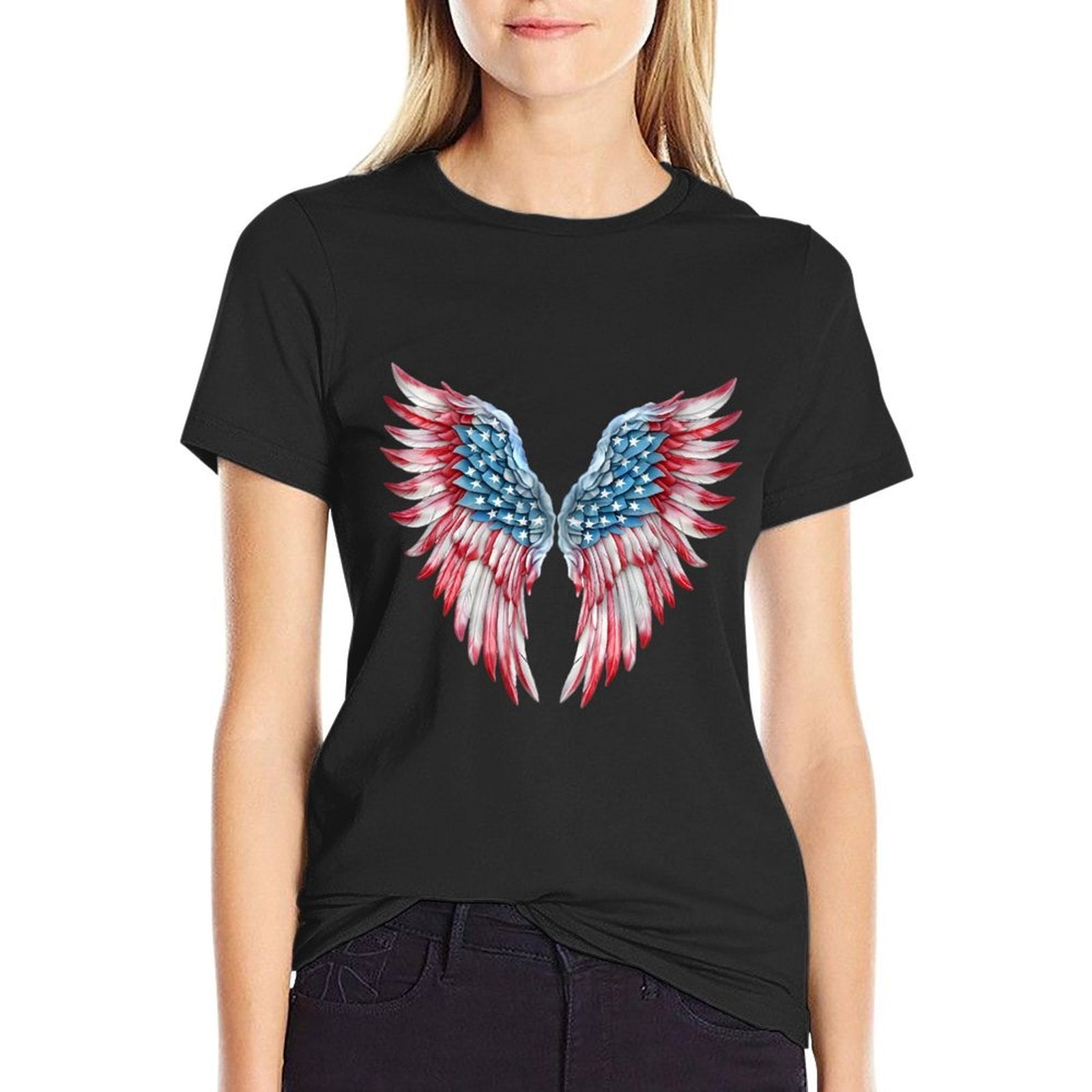 Veterans Day, 4th of July Patriotic Wings Angel Usa Flag Premium  Ribbed Collar T-Shirt