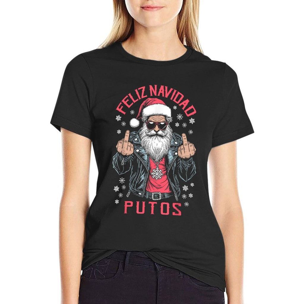 Feliz Navidad Putos Funny Rude Spanish Santa Middle Finger  Stretchy T-Shirt