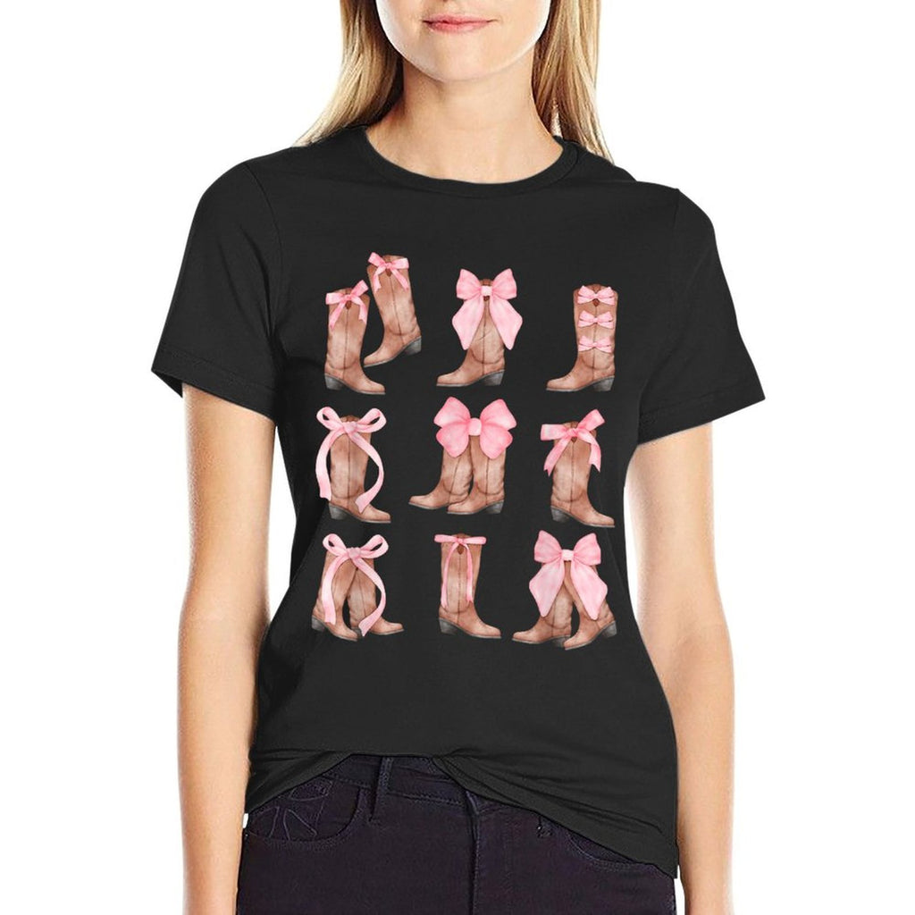 Cowgirl Boots Coquette Aesthetic And Pink Bows  Trendy Pattern T-Shirt